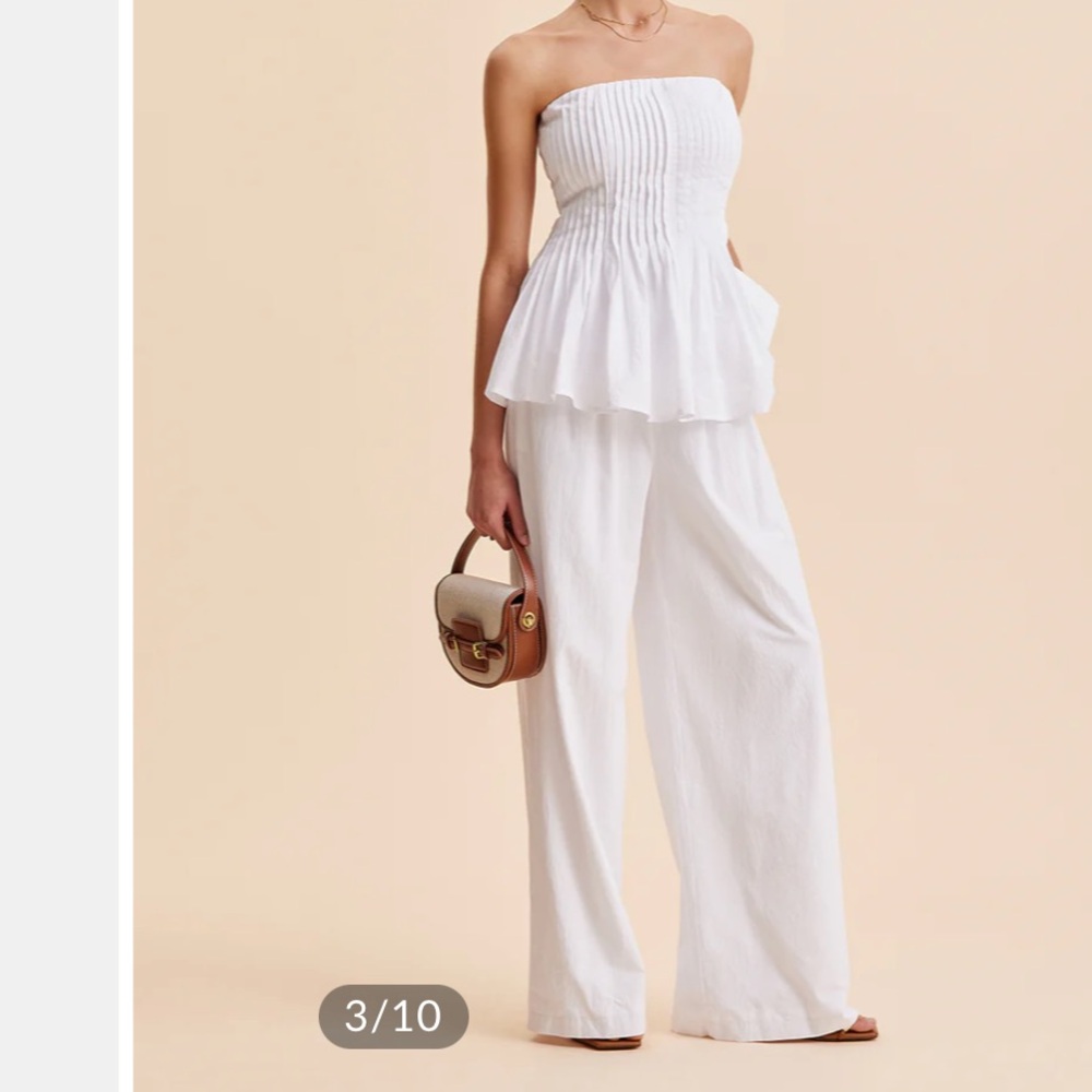 Commense White Strapless Smocked Peplum Top with Wide Leg Pants